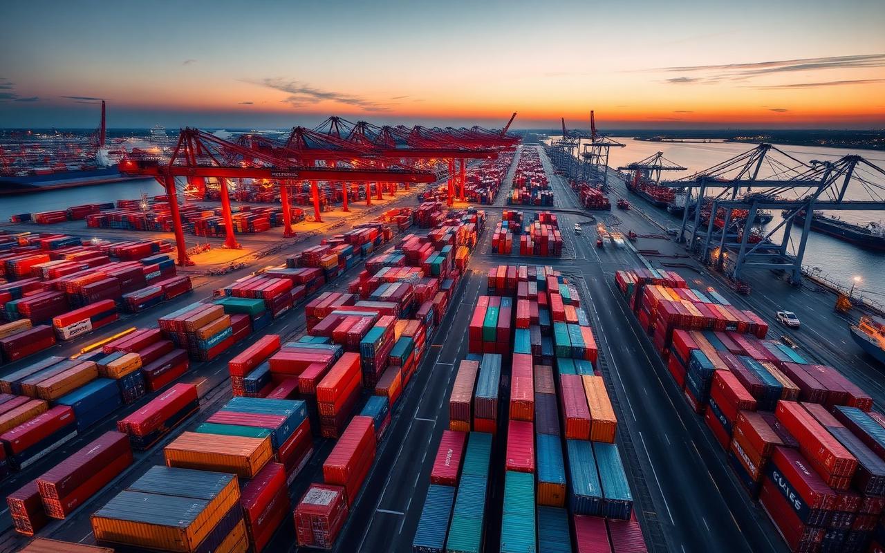 Aerial view of container terminal yard at dusk