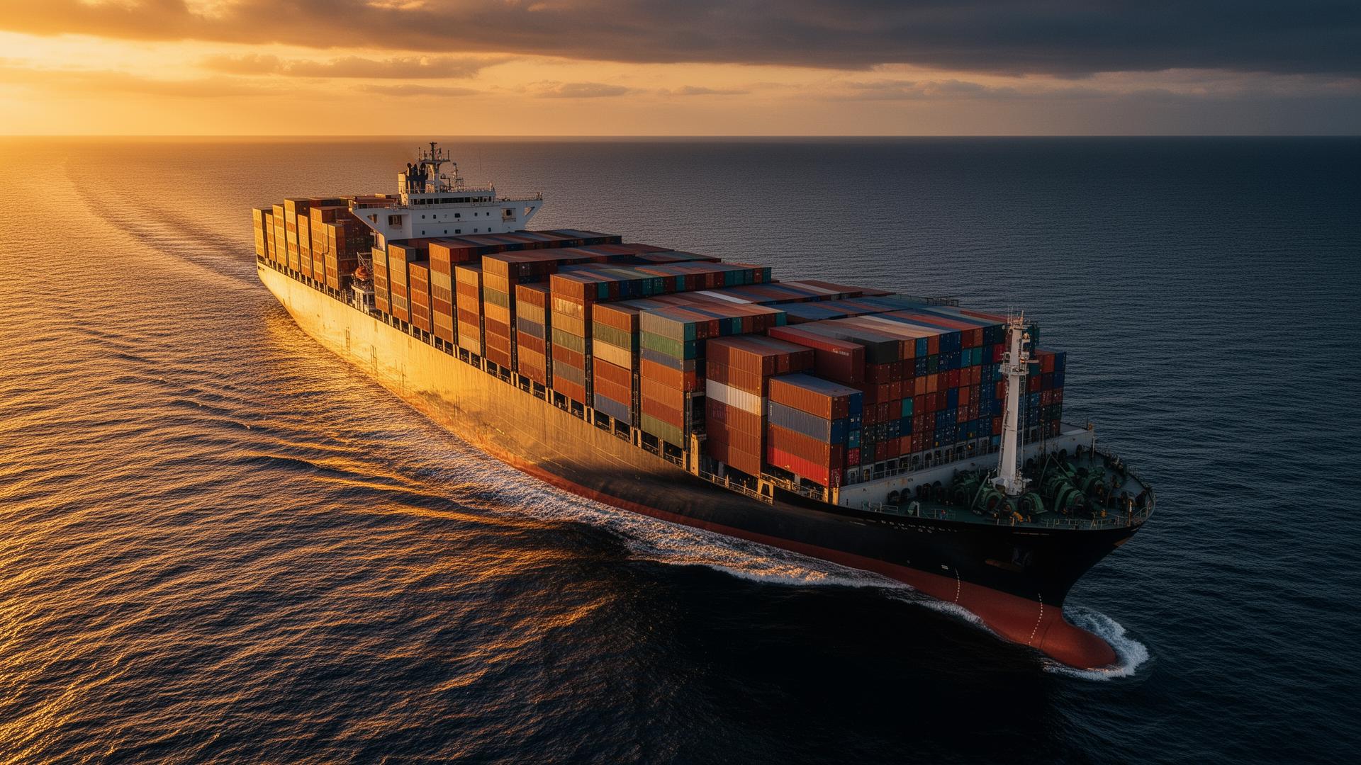 Container vessel at sea carrying global freight