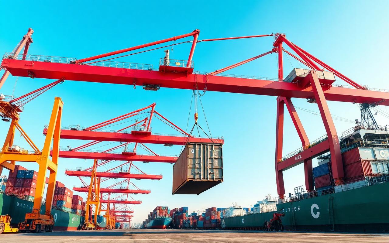 Container terminal gantry crane lifting a container